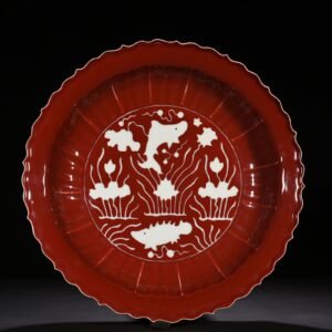 Ming Dynasty Xuande sacrifice red glaze engraved white fish and algae rhombus edge folding plate