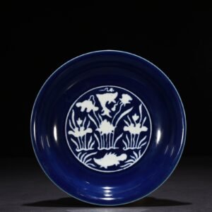 Ming Dynasty Xuande Festival Blue Glaze Carved Fish and Algae Pattern Plate