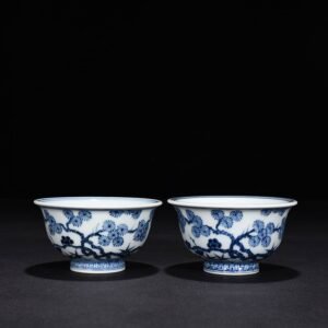 Ming Dynasty Xuande blue and white pine bamboo and plum pattern pressed hand cup