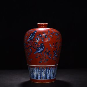 Ming Dynasty Xuande blue and white alum red plum vase with flower and bird