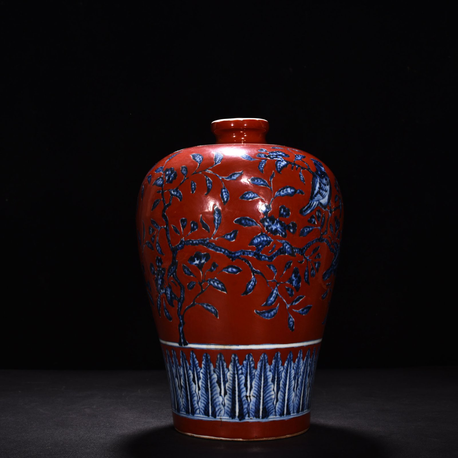 Ming Dynasty Xuande blue and white alum red plum vase with flower and bird