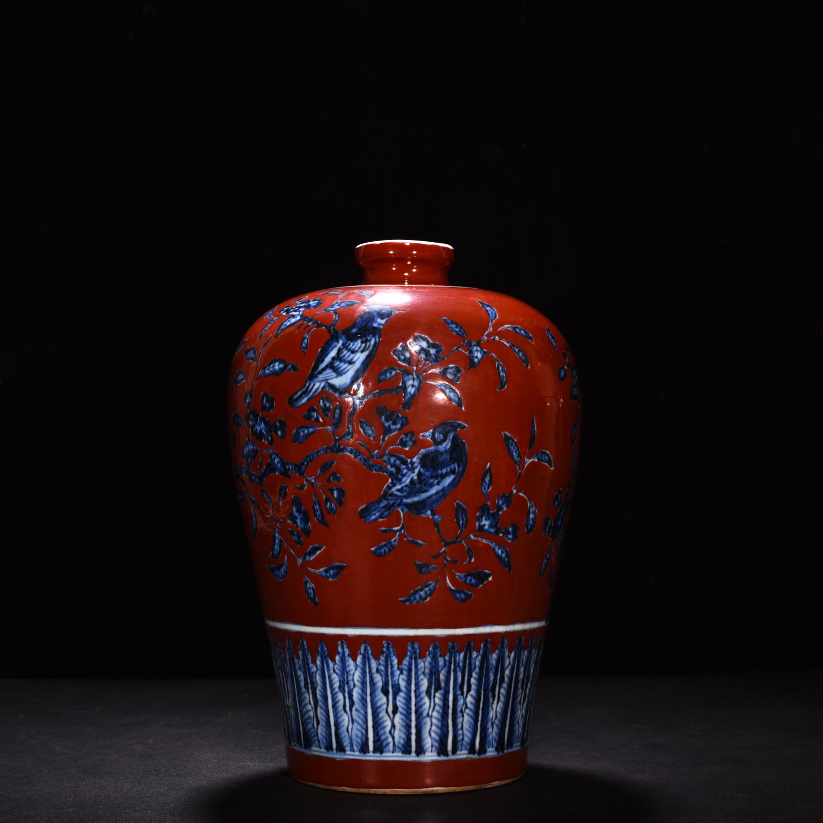 Ming Dynasty Xuande blue and white alum red plum vase with flower and bird