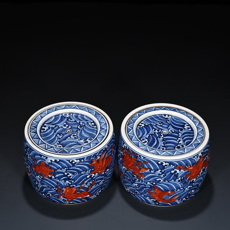 Ming Dynasty Xuande blue and white alum cricket jar with red sea pattern and eight monsters