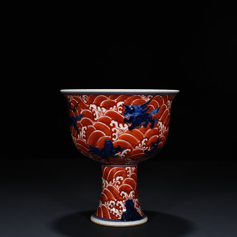 Ming Dynasty Xuande blue and white alum red sea eight monster pattern goblet