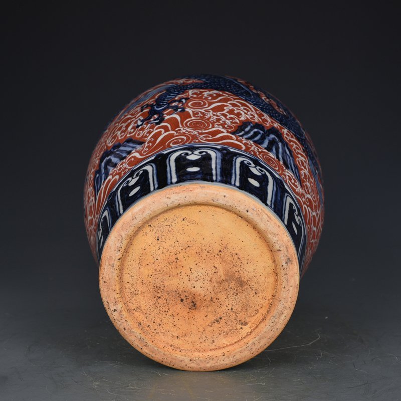Ming Dynasty Xuande blue and white alum red water dragon pattern plum vase