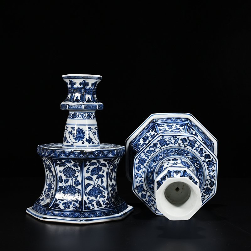 Ming Dynasty Xuande blue and white candlestick with entwining branches and floral pattern