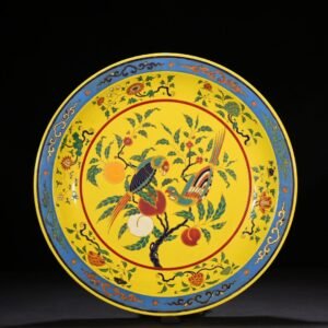 Ming Dynasty xuande yellow glaze multicolored gold painted twig flower and bird plate