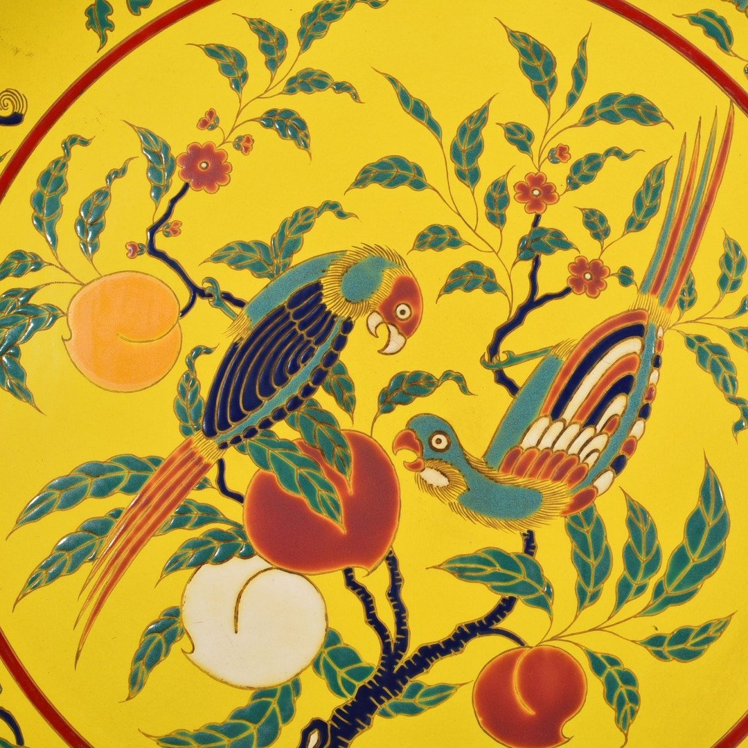Ming Dynasty xuande yellow glaze multicolored gold painted twig flower and bird plate