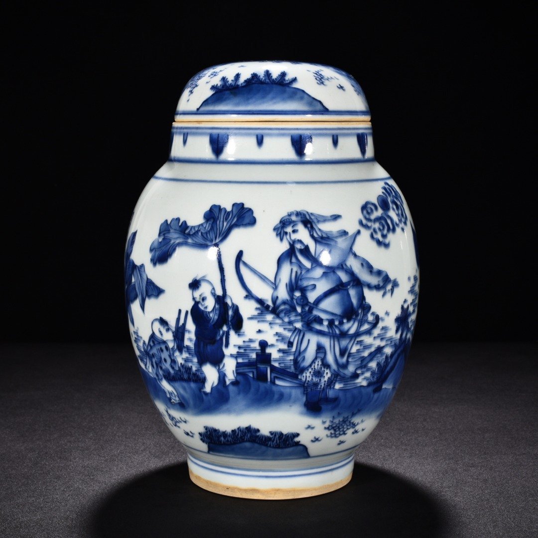 Ming Dynasty Chongzhen blue and white unicorn presenting a child with figure pattern lid jar