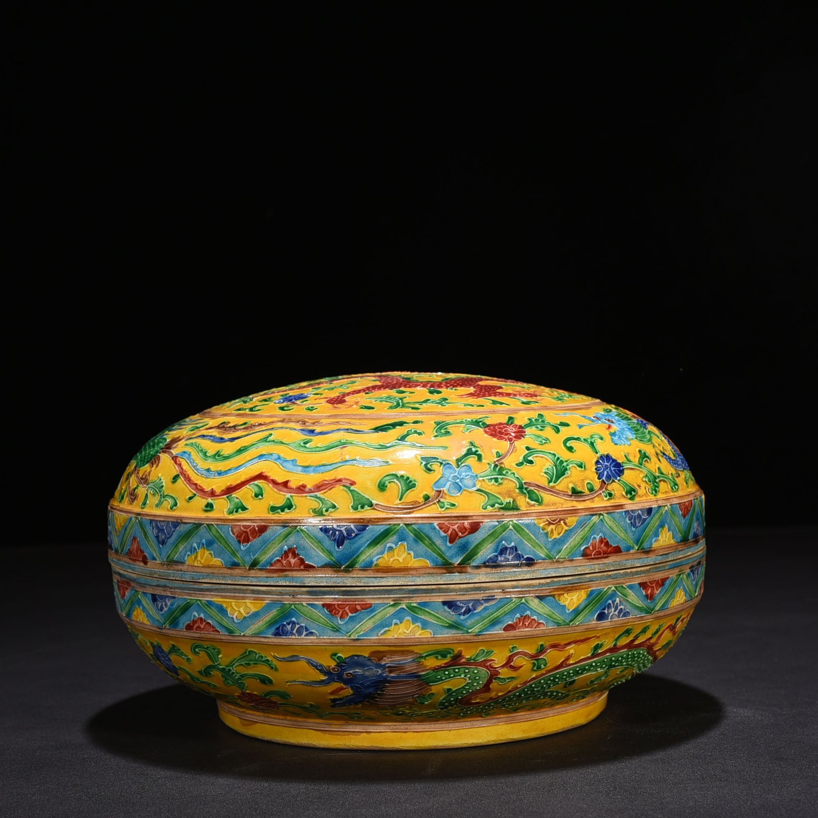 Ming Dynasty Hongzhi delicate yellow enamel fruit box with colorful dragon and phoenix