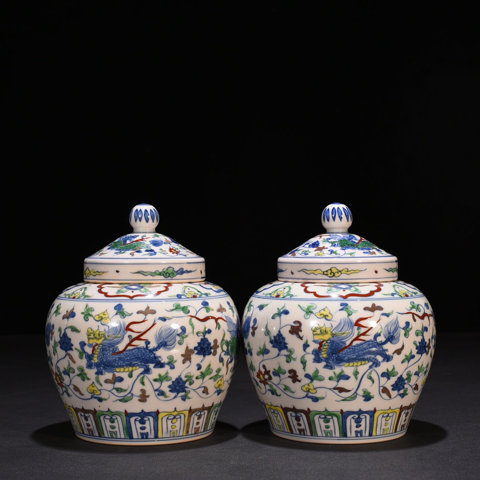 Ming Dynasty Chenghua Doucai Wan Guifei style covered jar with twigs and unicorn