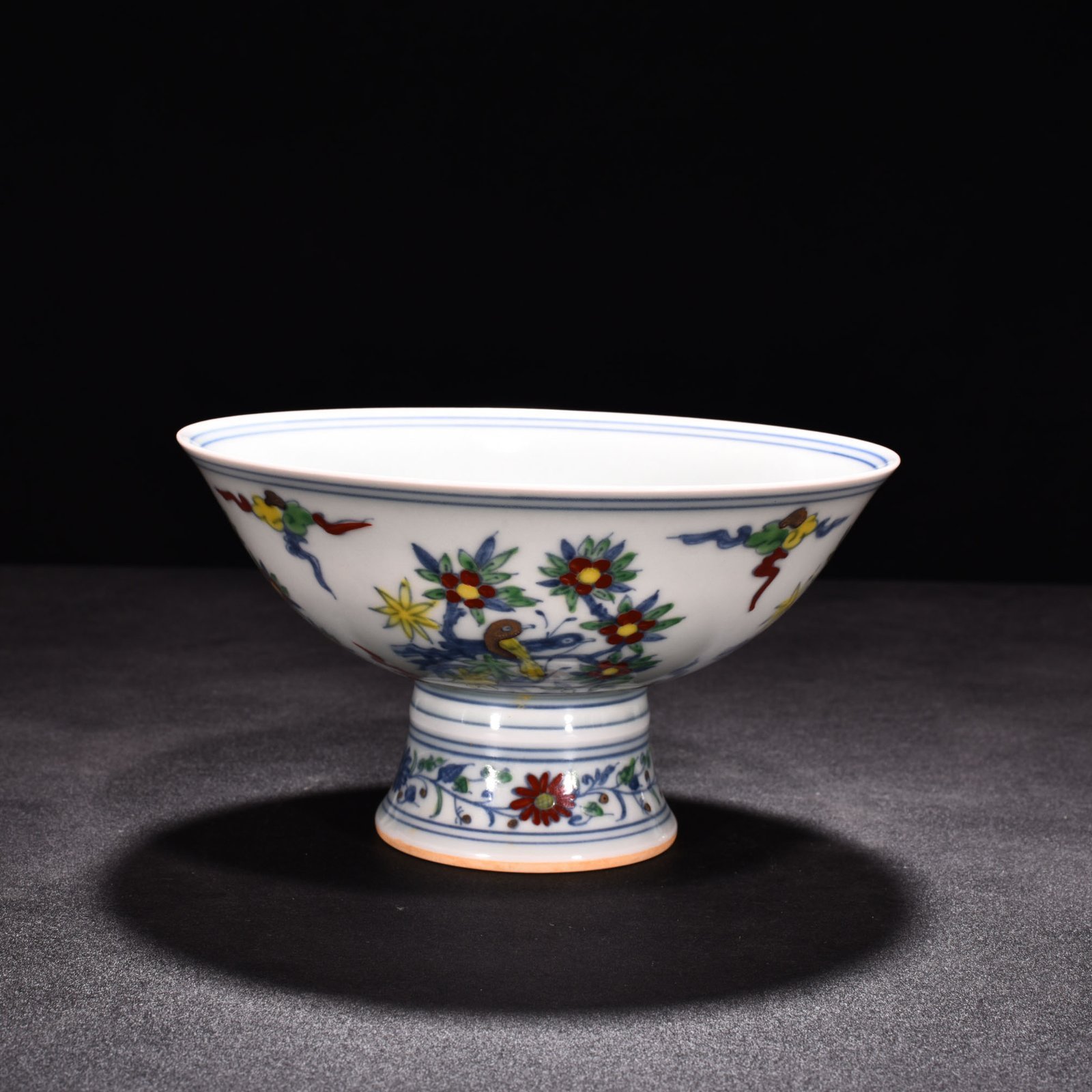 Ming Dynasty Chenghua Doucai tall bowl with purple flower and bird patterns