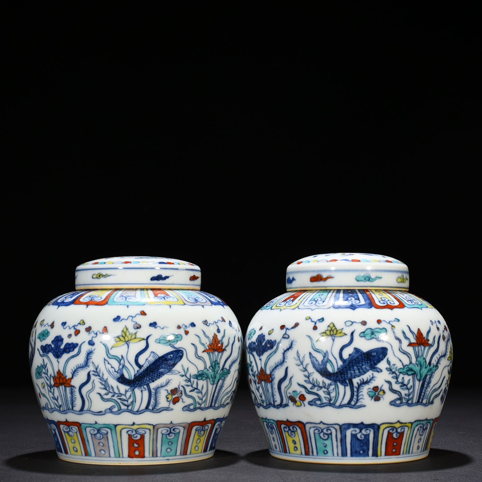 Ming Dynasty Chenghua Dou Cai colorful fish and algae pattern sky-shaped jar