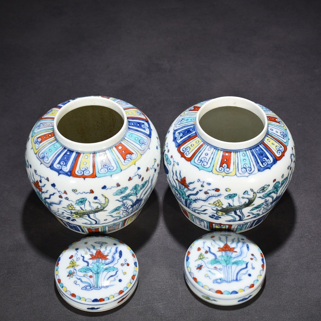 Ming Dynasty Chenghua Dou Cai colorful fish and algae pattern sky-shaped jar
