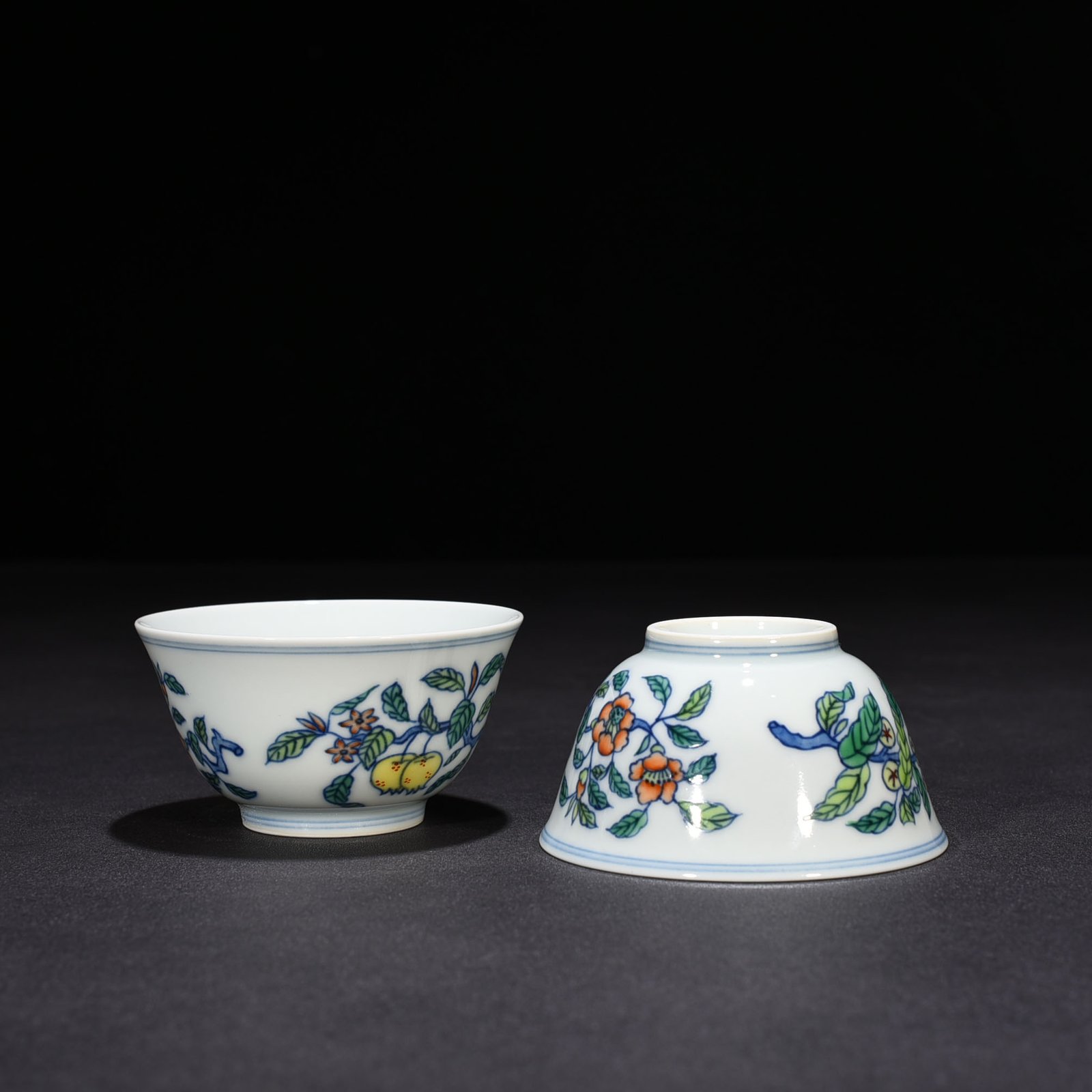 Ming Dynasty Chenghua doucai cup with folded branches flowers and fruits