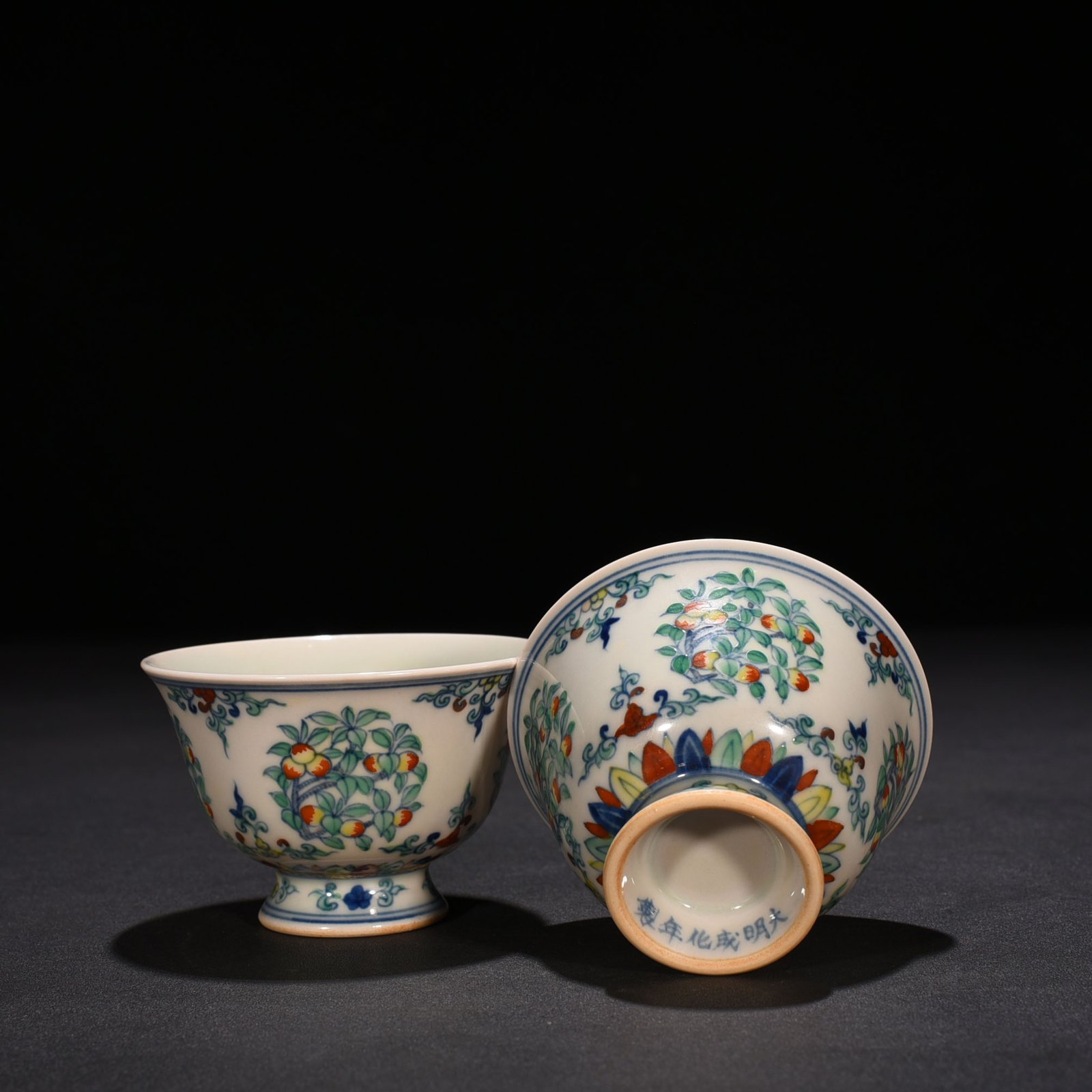 Ming Dynasty Chenghua doucai cup with folded branches flowers and fruits