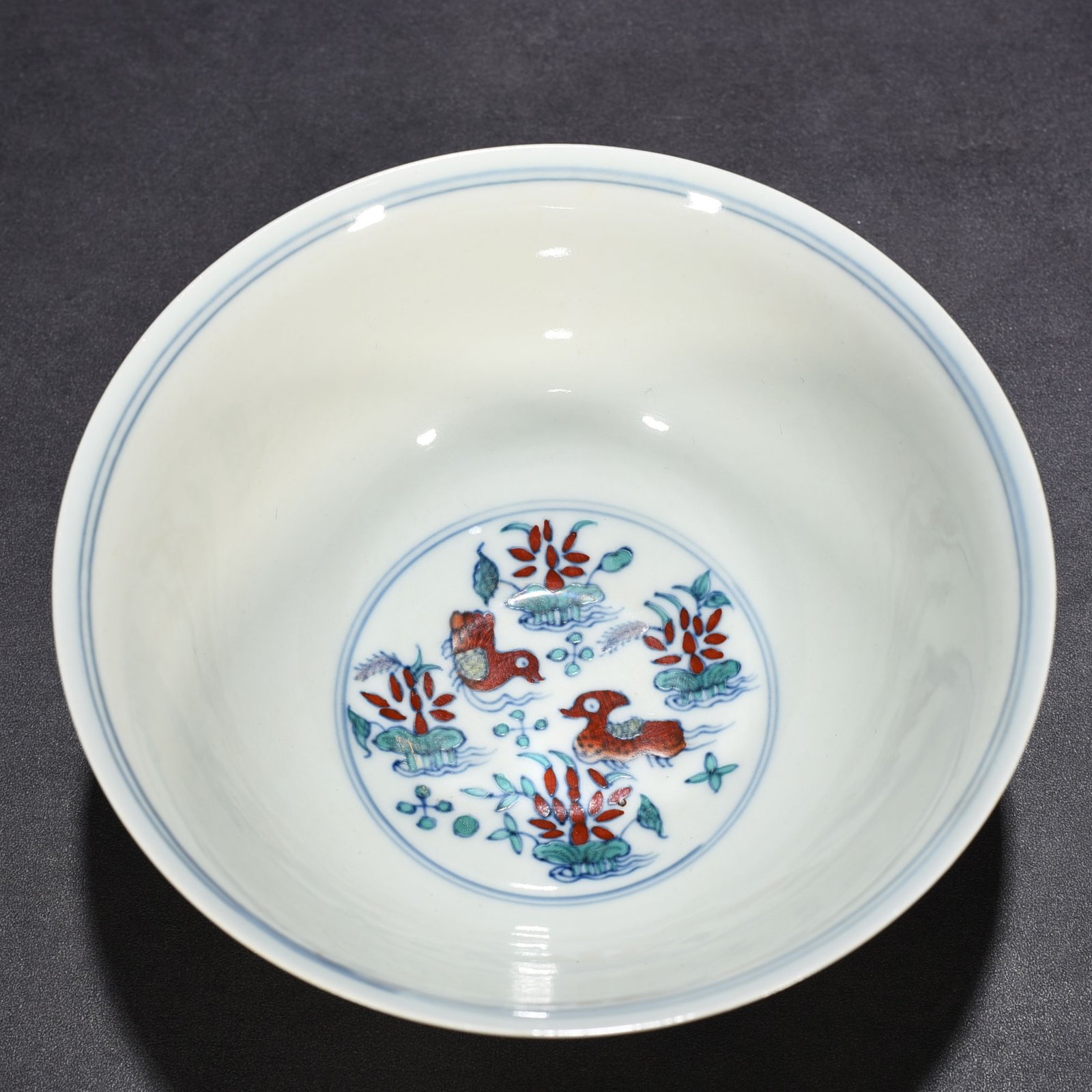 Ming Dynasty Chenghua Dou Colorful Lotus Pond Palace Bowl with Mandarin Duck