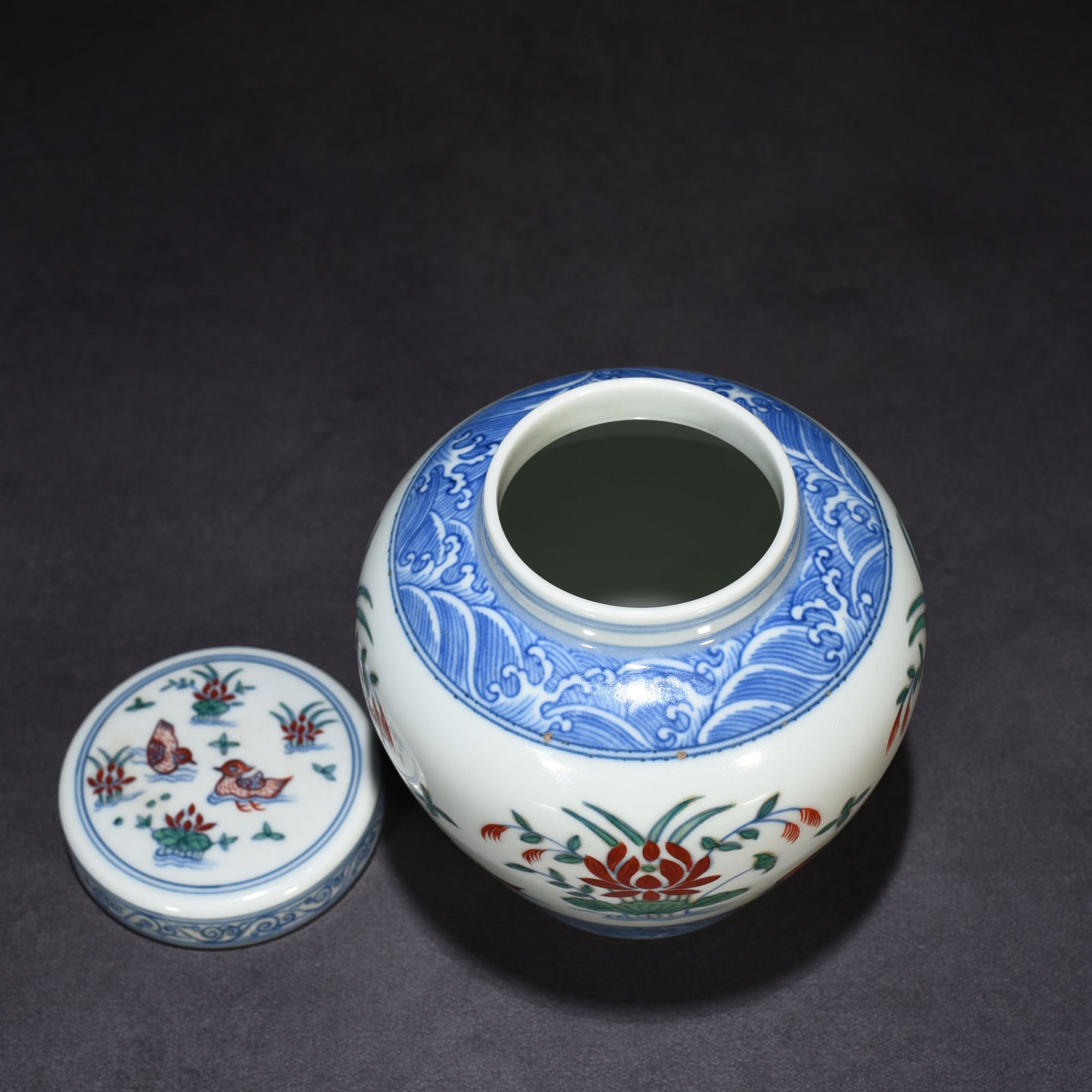 Ming Dynasty Chenghua Dou Colorful Lotus Pond Jar with Mandarin