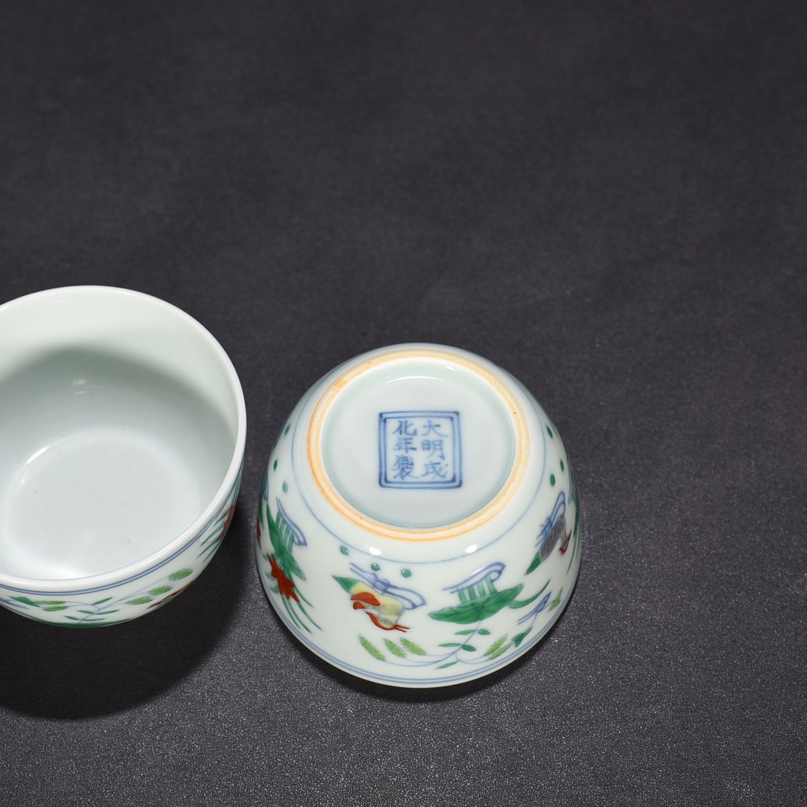 Ming Dynasty Chenghua Dou Colorful Lotus Pond Urn Cup with Mandarin Duck
