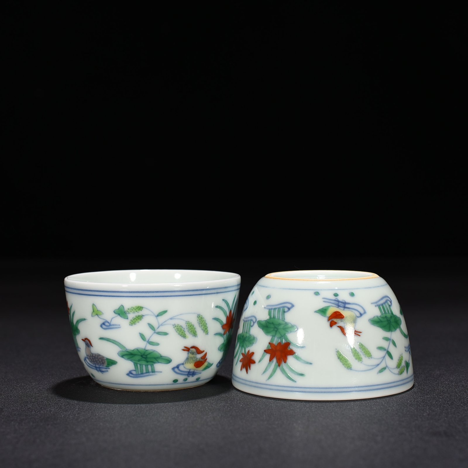 Ming Dynasty Chenghua Dou Colorful Lotus Pond Urn Cup with Mandarin Duck