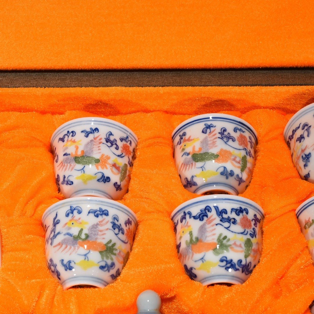 Ming Dynasty Chenghua enamel tea set with colorful phoenix