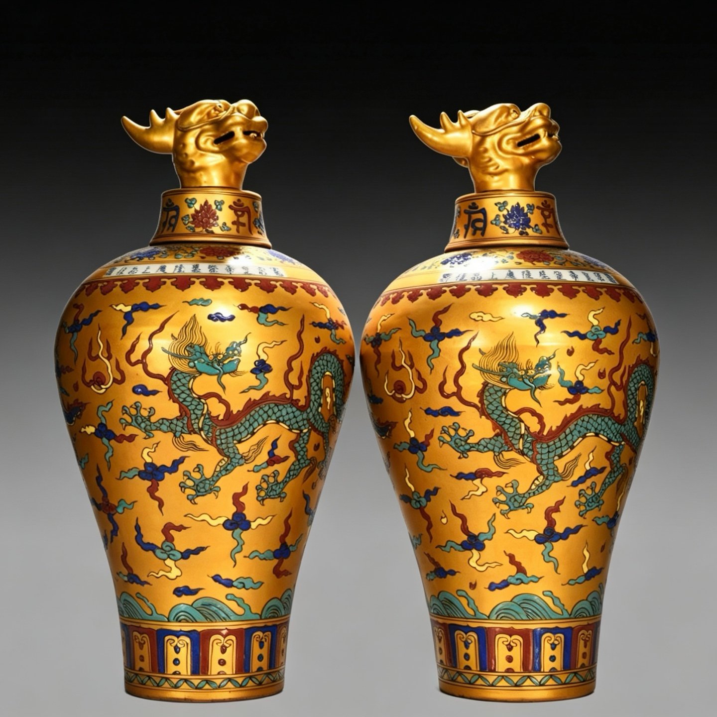 Ming Dynasty Chenghua Jindi multicolored cloud and dragon plum vase