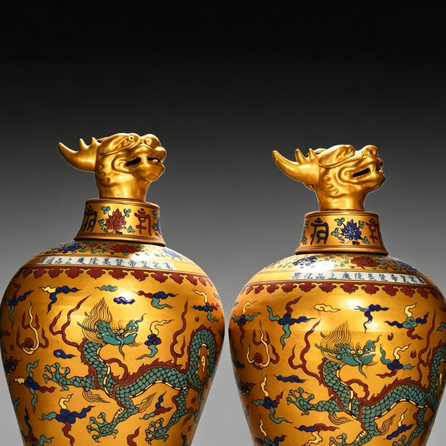 Ming Dynasty Chenghua Jindi multicolored cloud and dragon plum vase