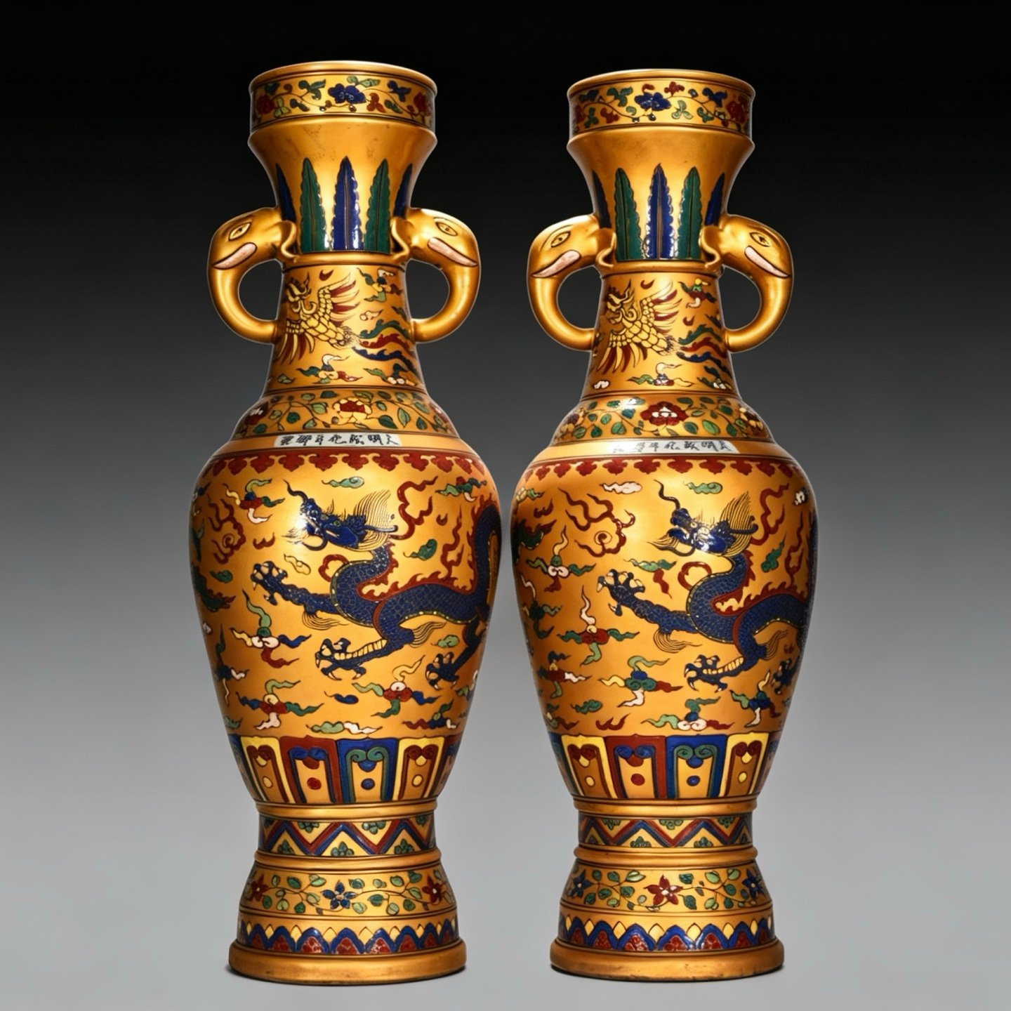 Ming Dynasty Chenghua Golden Elephant Ear Vase with Colorful Clouds