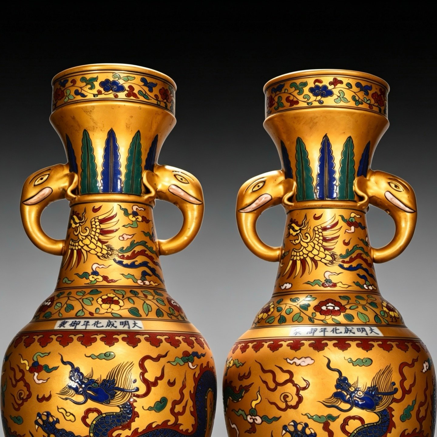 Ming Dynasty Chenghua Golden Elephant Ear Vase with Colorful Clouds
