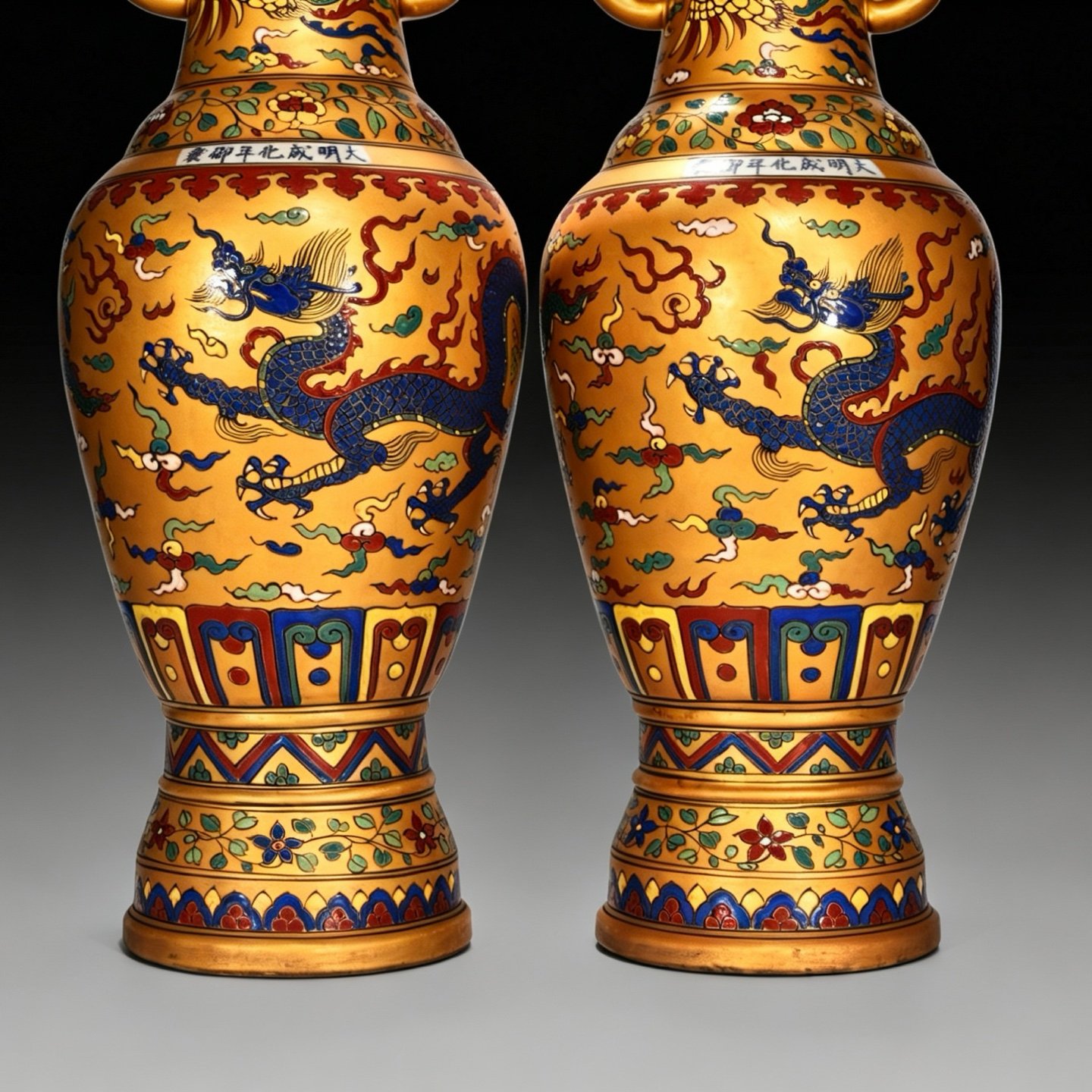 Ming Dynasty Chenghua Golden Elephant Ear Vase with Colorful Clouds