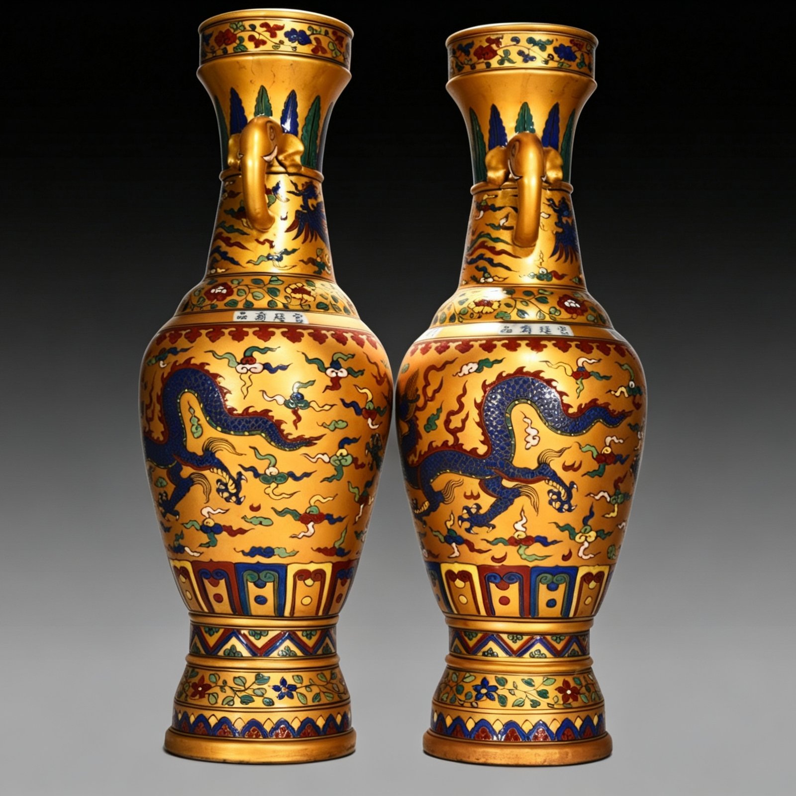 Ming Dynasty Chenghua Golden Elephant Ear Vase with Colorful Clouds