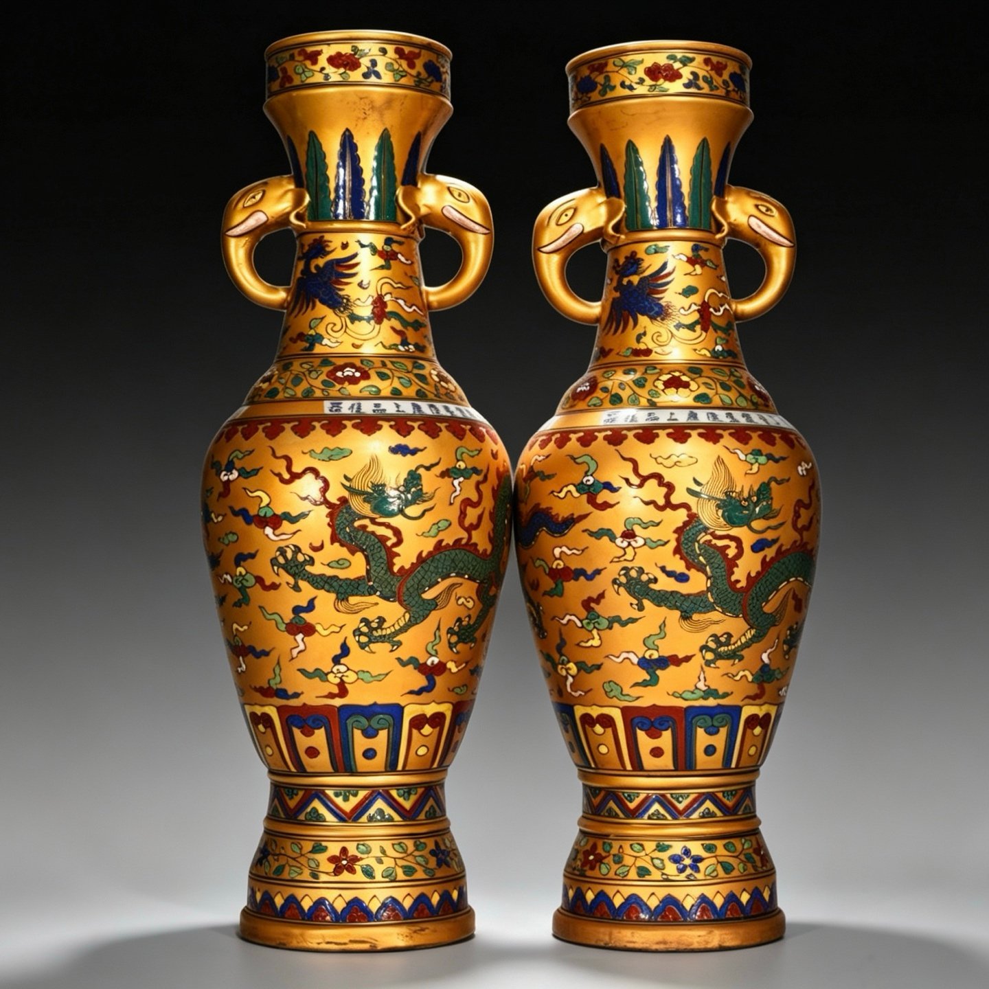 Ming Dynasty Chenghua Golden Elephant Ear Vase with Colorful Clouds