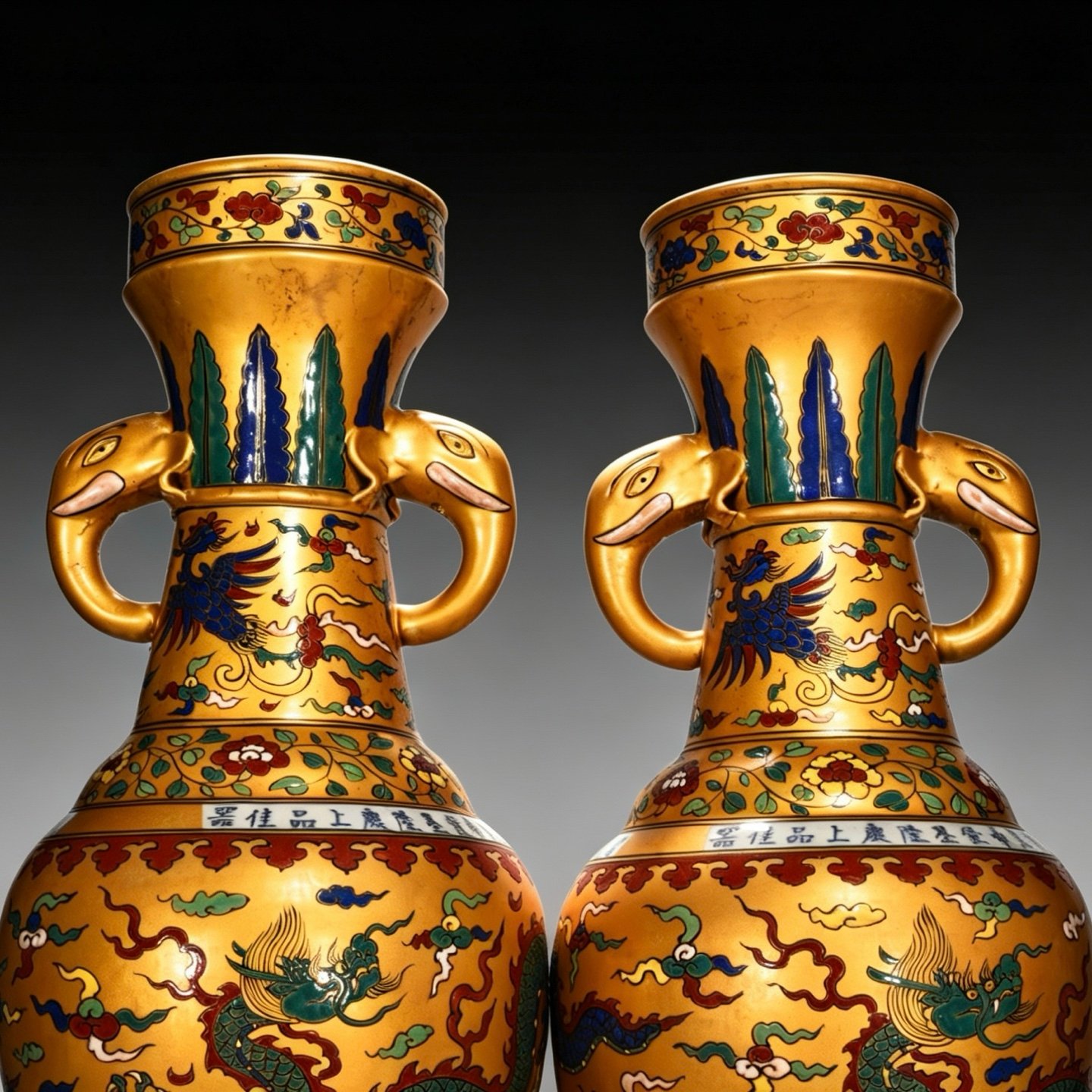 Ming Dynasty Chenghua Golden Elephant Ear Vase with Colorful Clouds