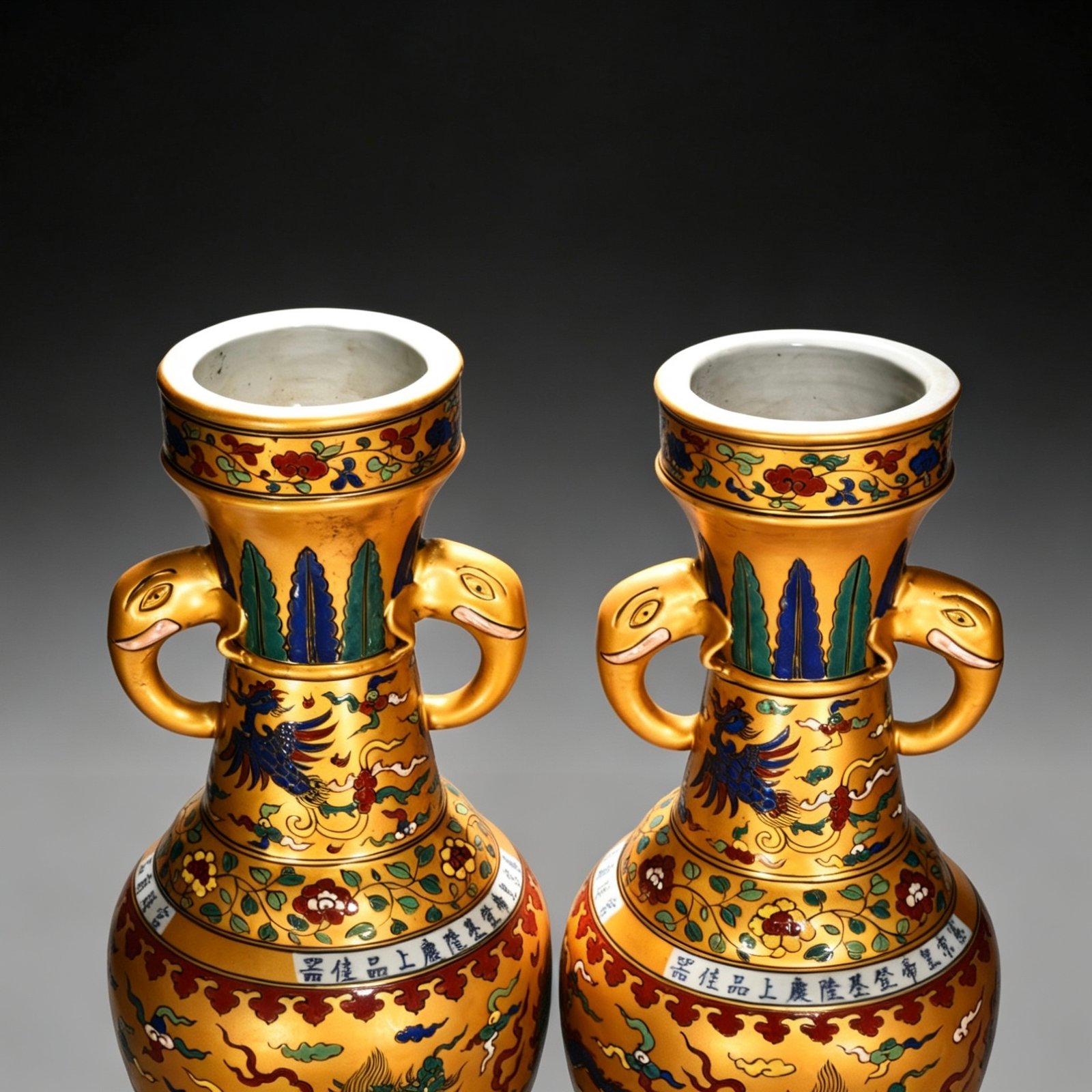 Ming Dynasty Chenghua Golden Elephant Ear Vase with Colorful Clouds