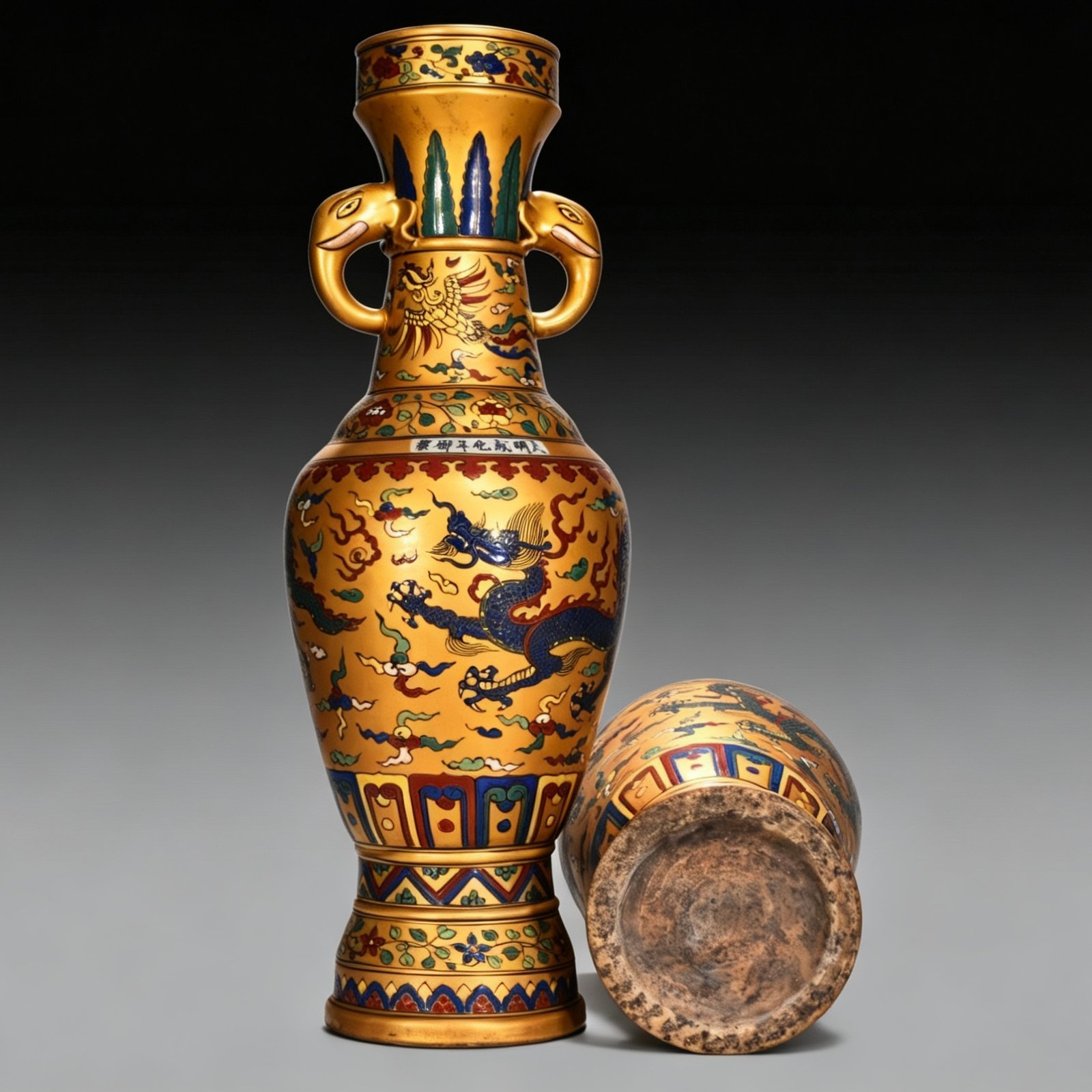 Ming Dynasty Chenghua Golden Elephant Ear Vase with Colorful Clouds