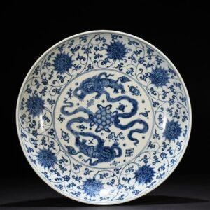 Ming Dynasty Chenghua blue and white lion rolling hydrangea dish