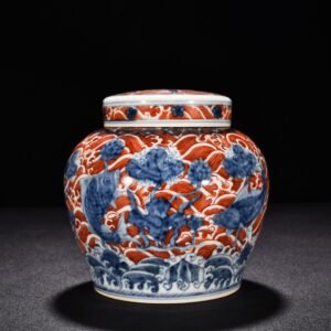 Ming Dynasty Chenghua blue and white alum red fish and algae covered jar