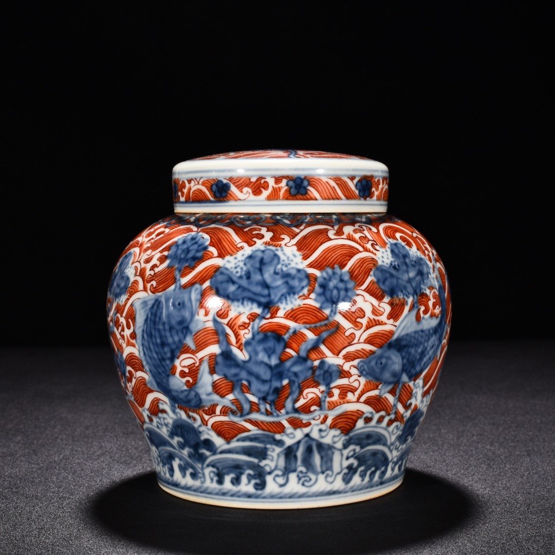 Ming Dynasty Chenghua blue and white alum red fish and algae covered jar