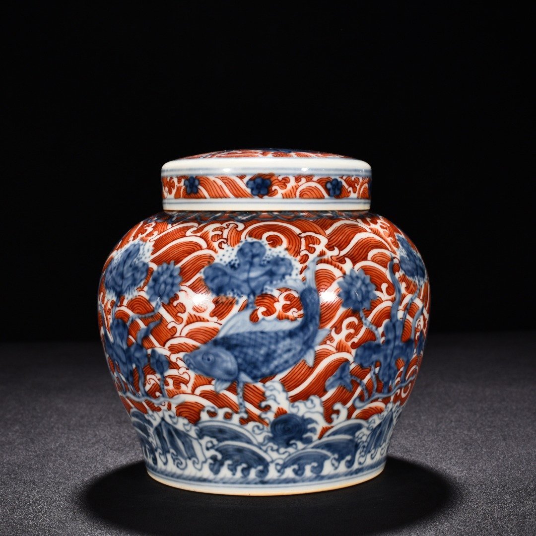Ming Dynasty Chenghua blue and white alum red fish and algae covered jar