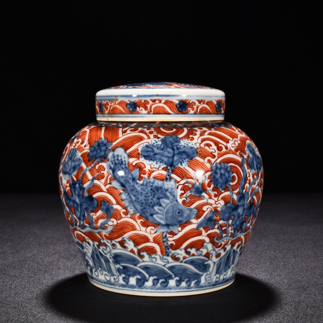 Ming Dynasty Chenghua blue and white alum red fish and algae covered jar