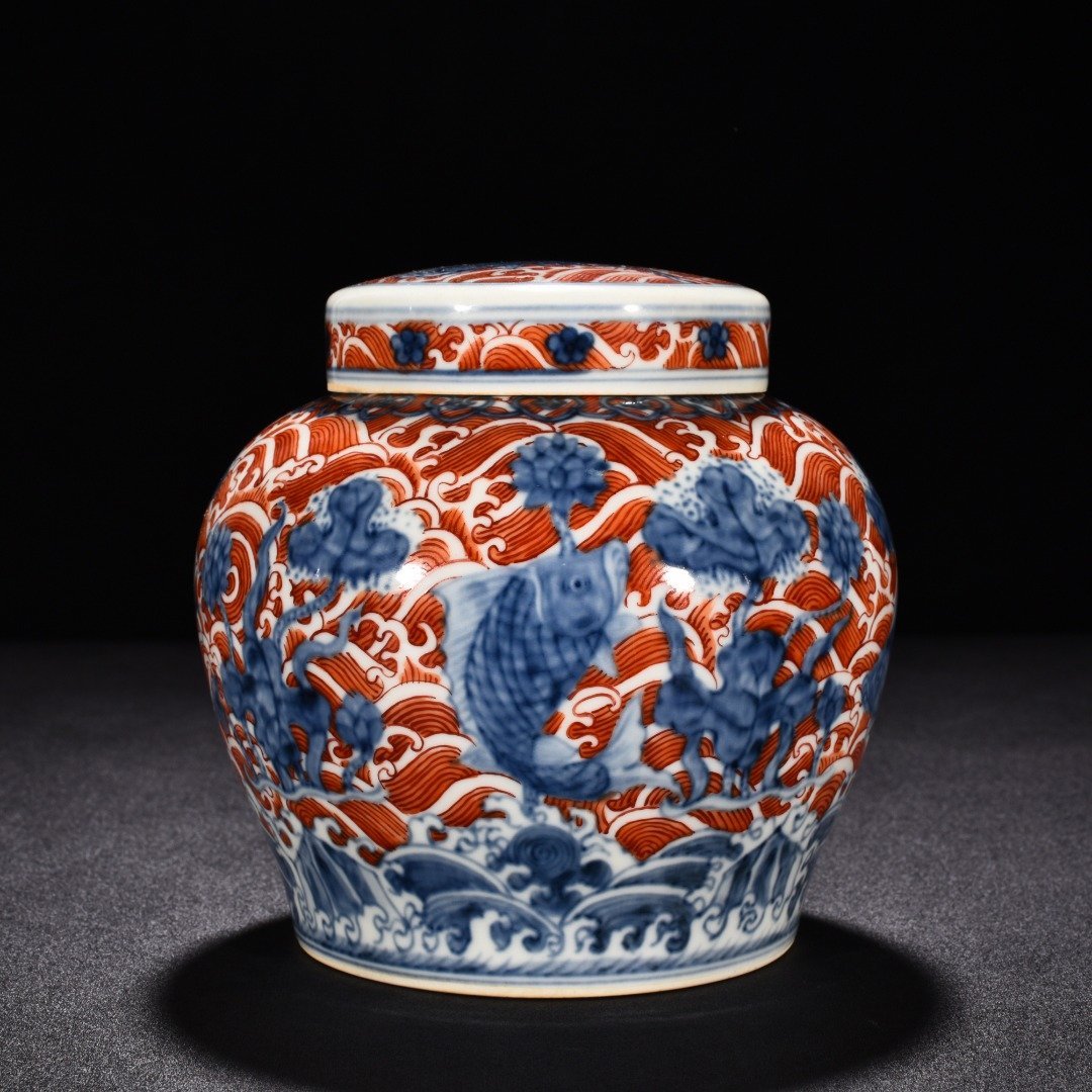 Ming Dynasty Chenghua blue and white alum red fish and algae covered jar
