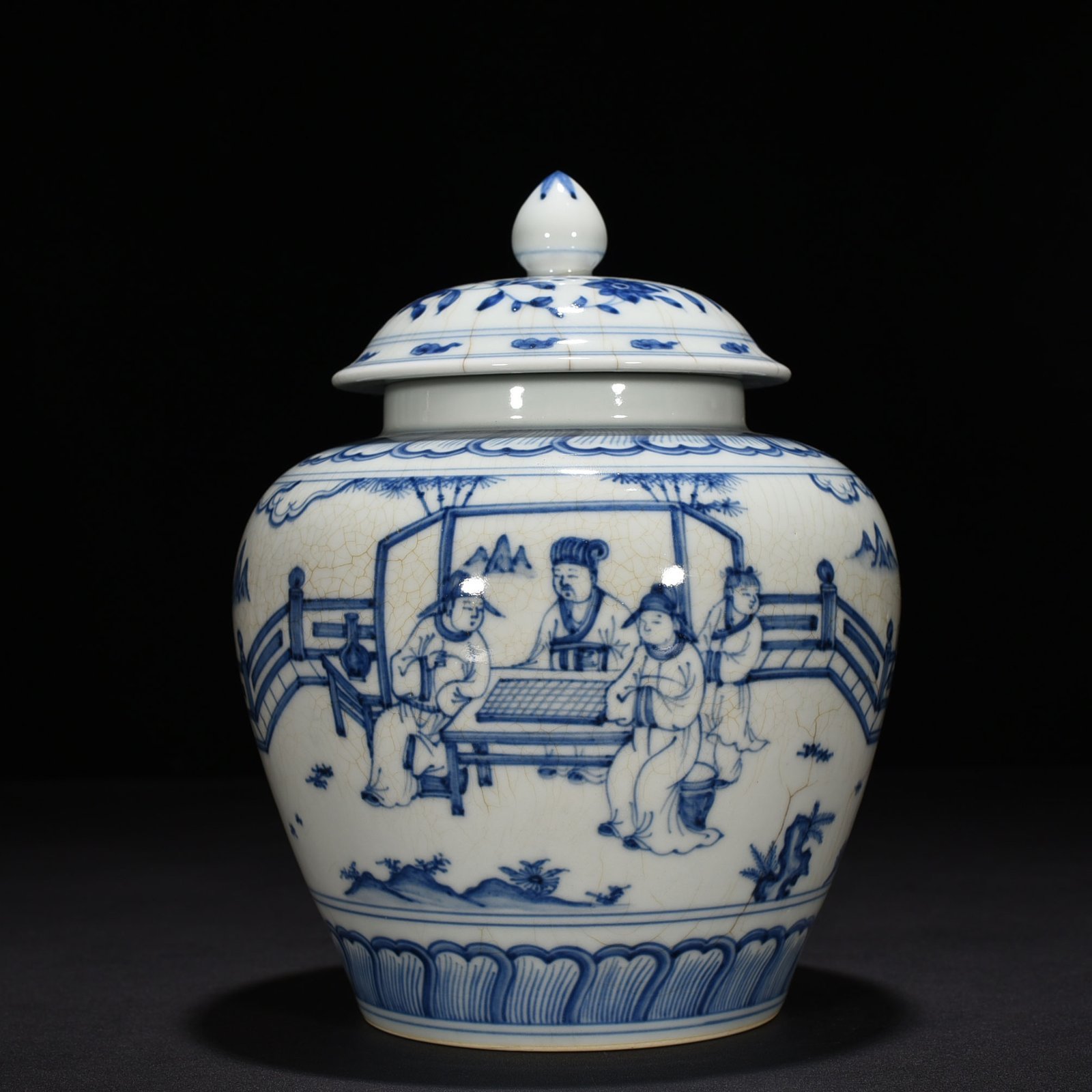 Ming Dynasty Chenghua blue and white Gao Shi figure lid jar