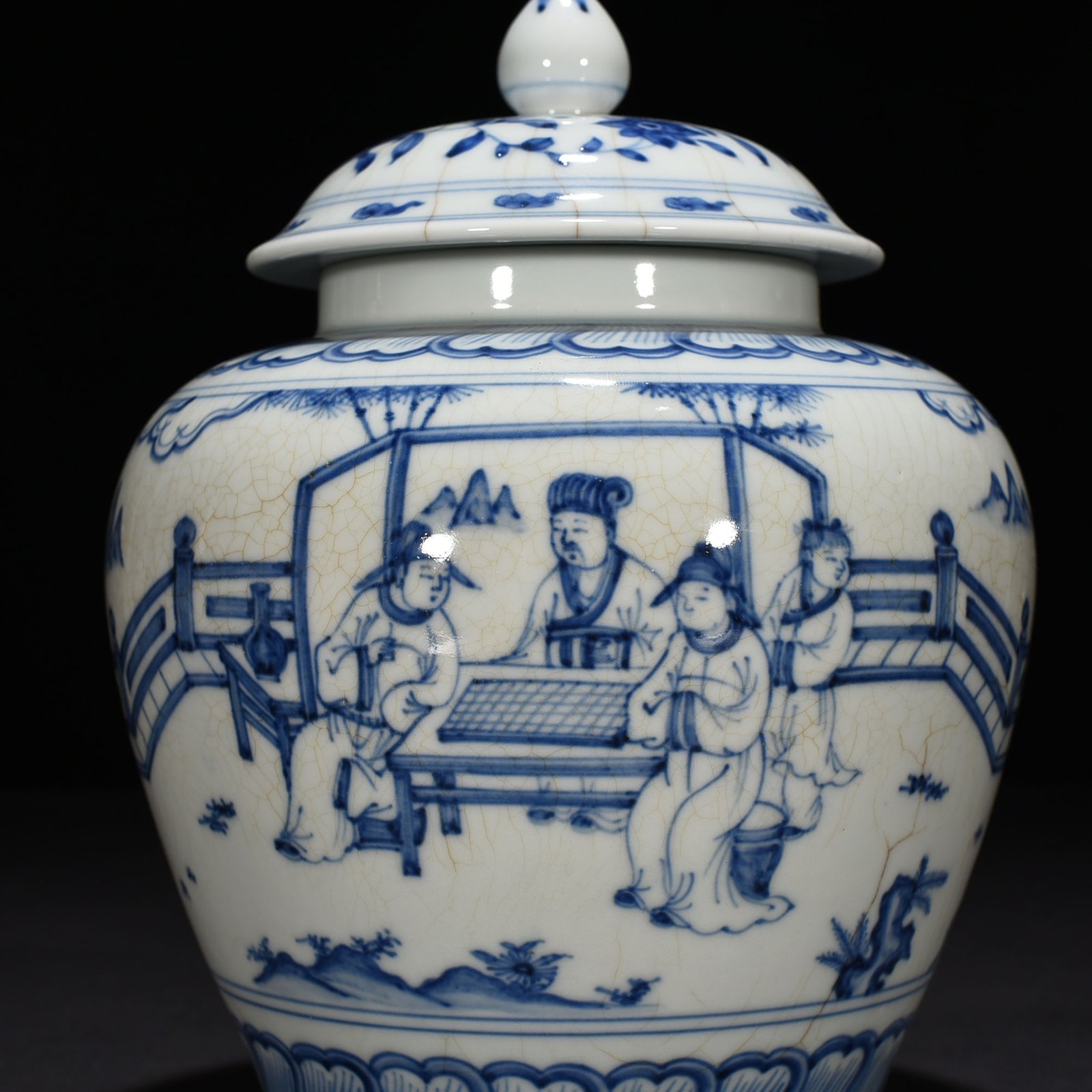 Ming Dynasty Chenghua blue and white Gao Shi figure lid jar