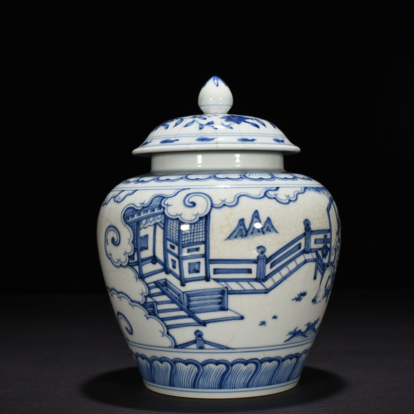 Ming Dynasty Chenghua blue and white Gao Shi figure lid jar