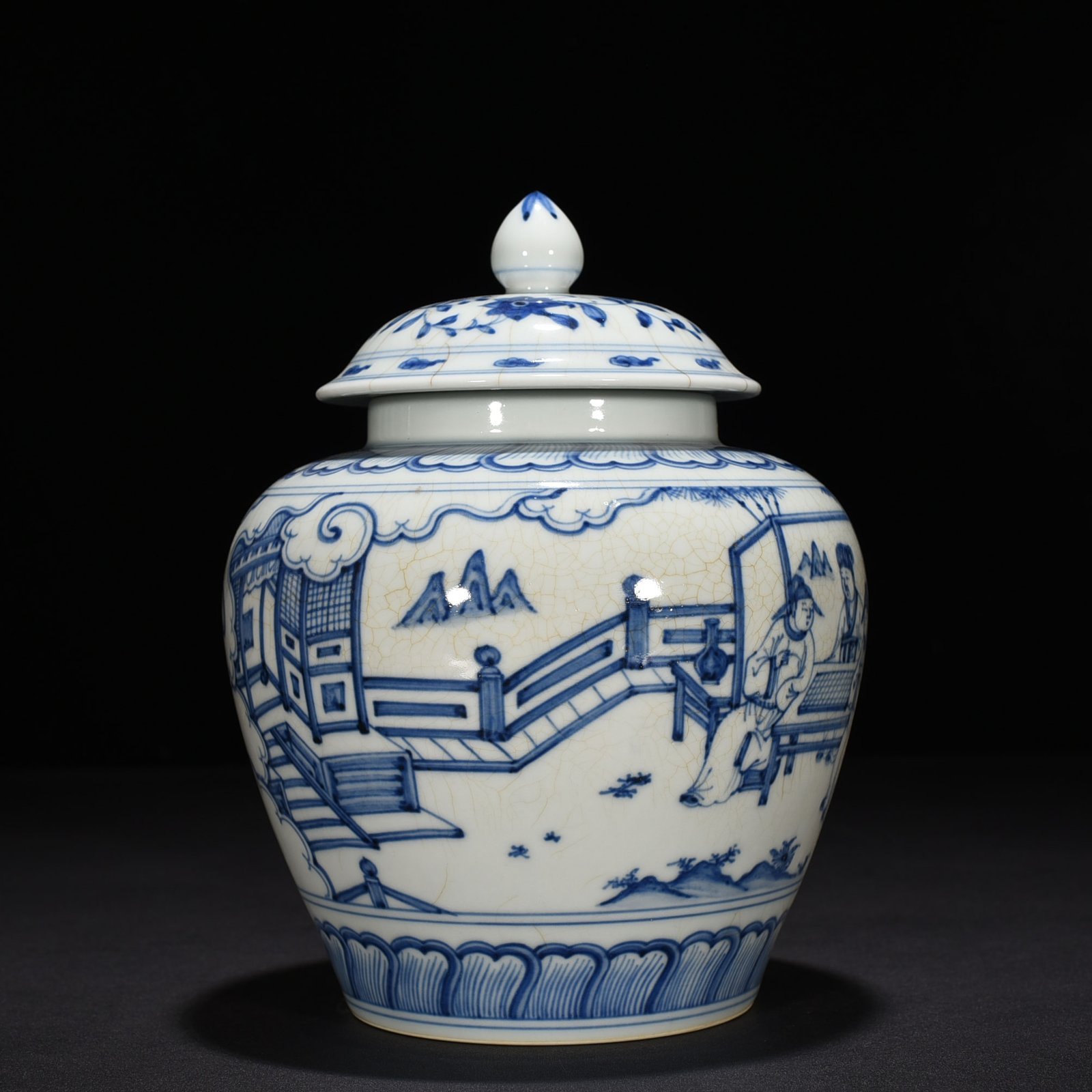 Ming Dynasty Chenghua blue and white Gao Shi figure lid jar