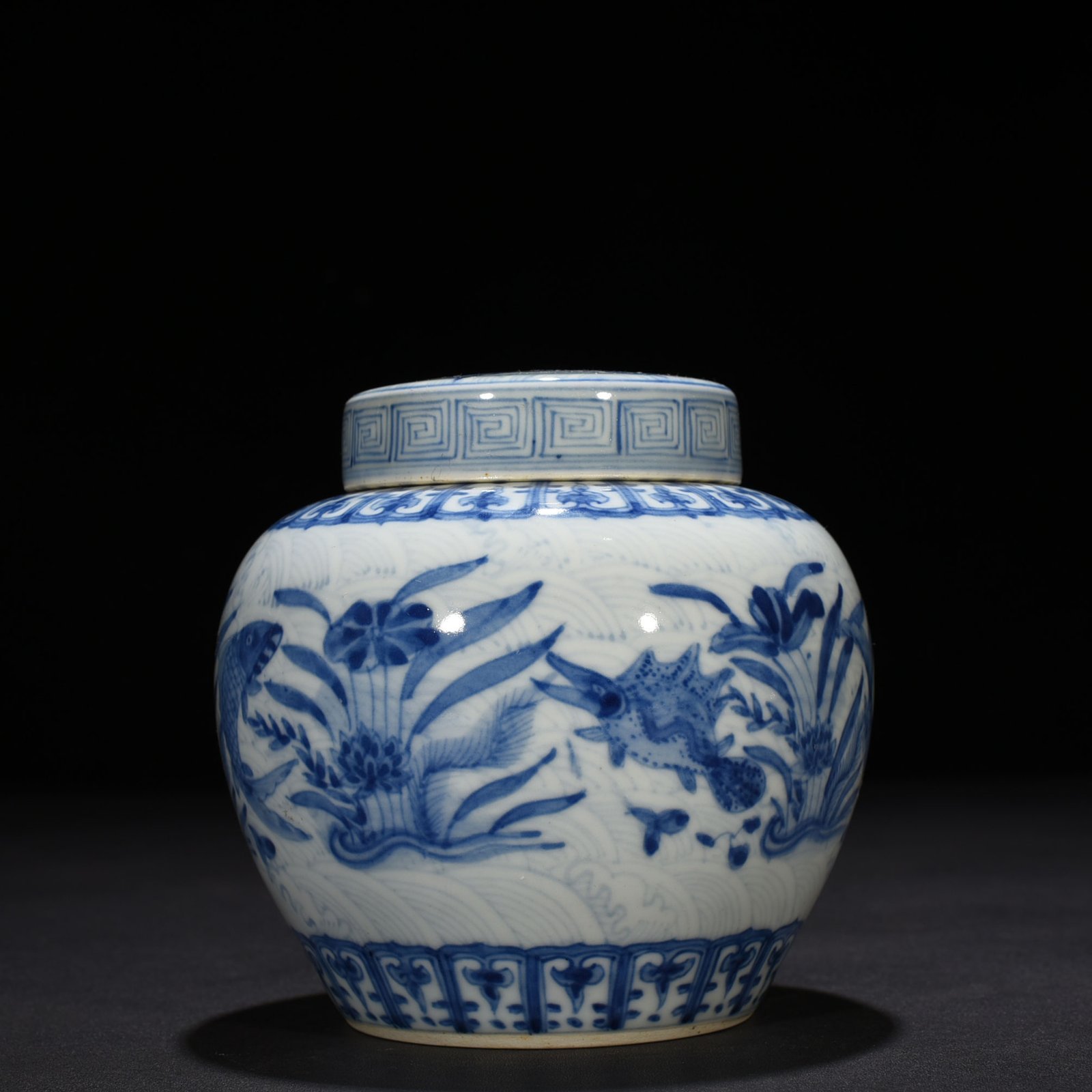 Ming Dynasty Chenghua blue and white fish and algae lid jar