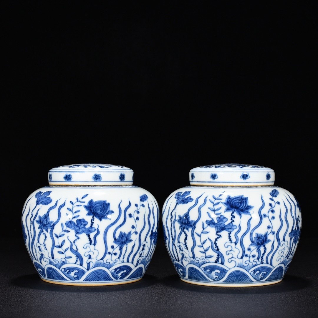 Ming Dynasty Chenghua blue and white fish algae lotus and flower jar