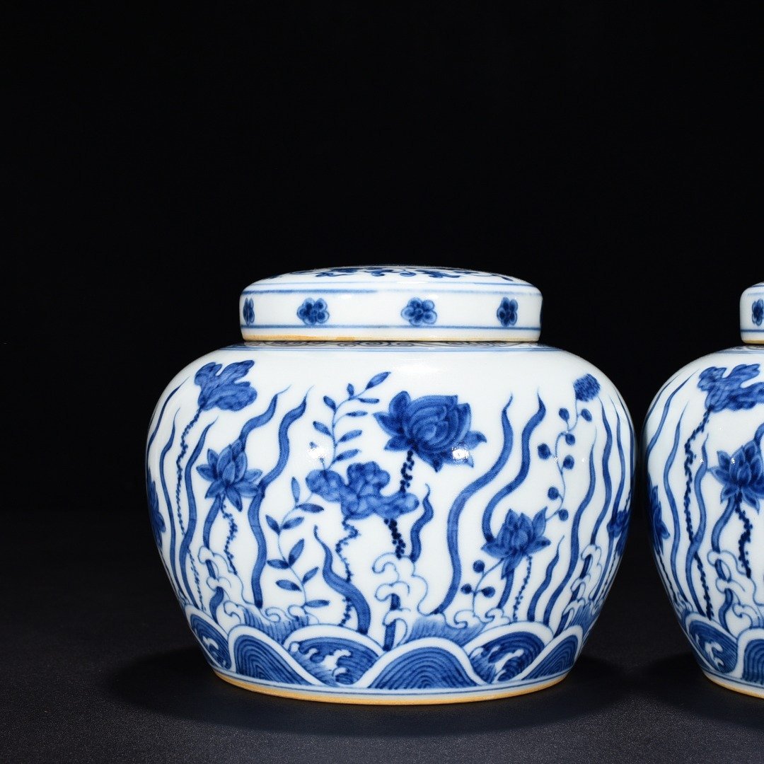 Ming Dynasty Chenghua blue and white fish algae lotus and flower jar