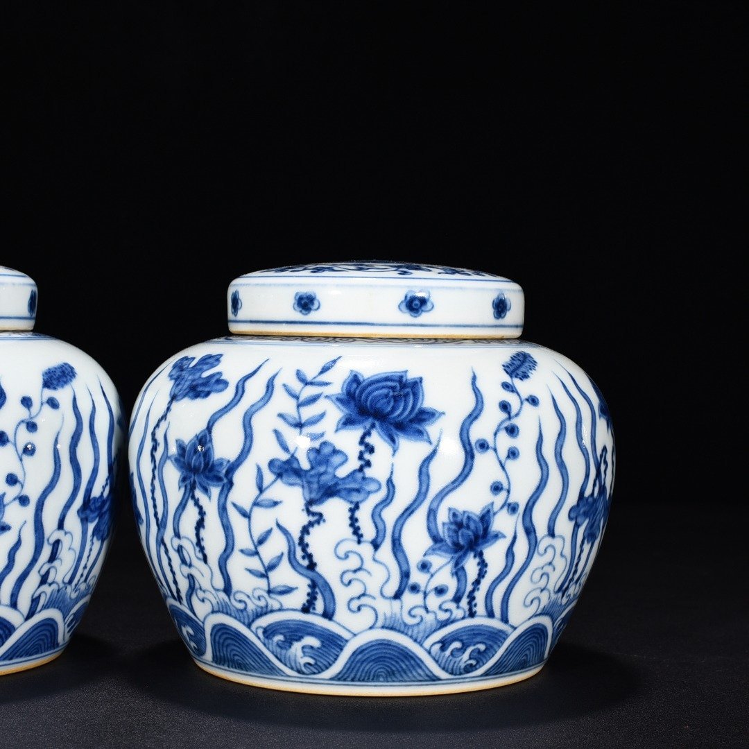 Ming Dynasty Chenghua blue and white fish algae lotus and flower jar