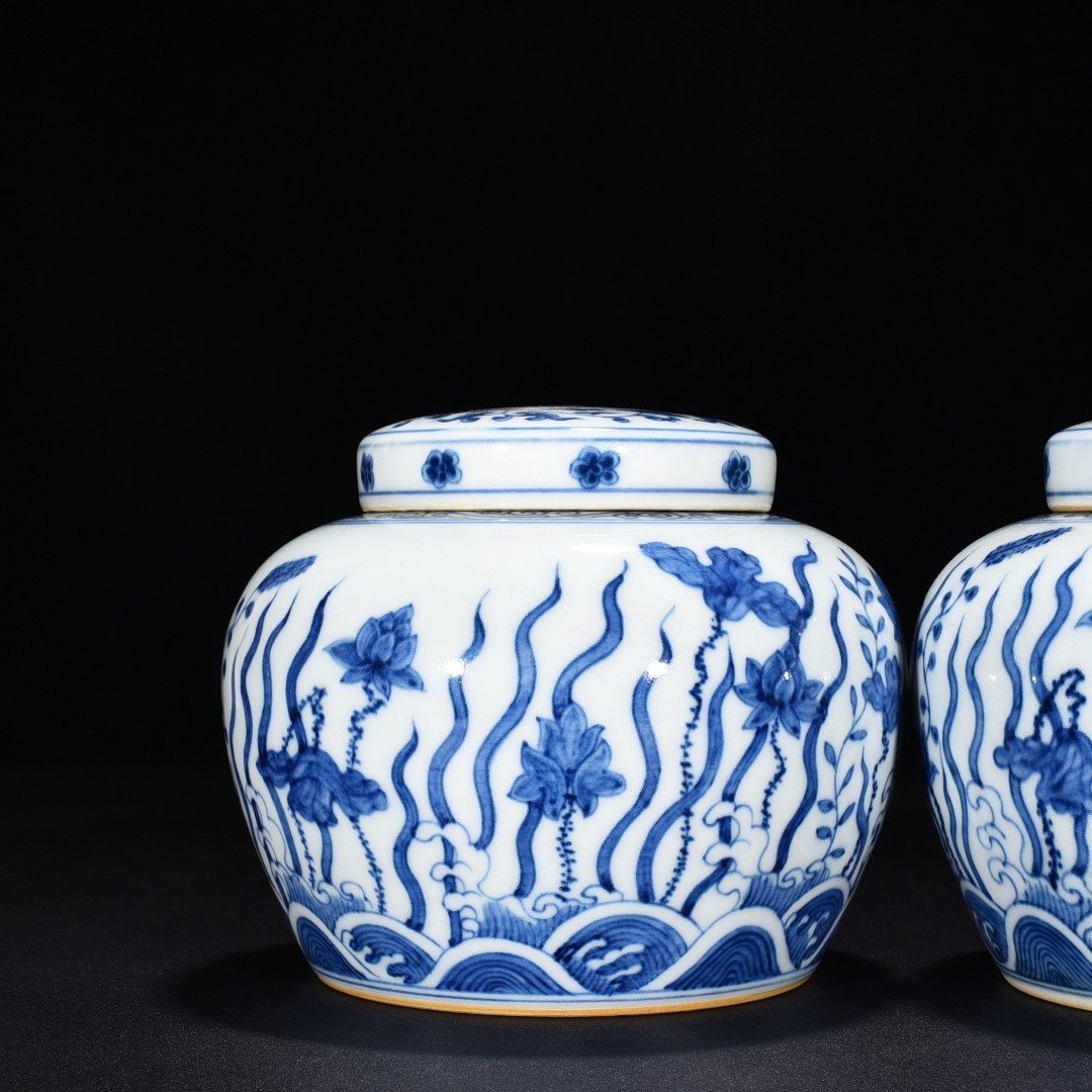 Ming Dynasty Chenghua blue and white fish algae lotus and flower jar